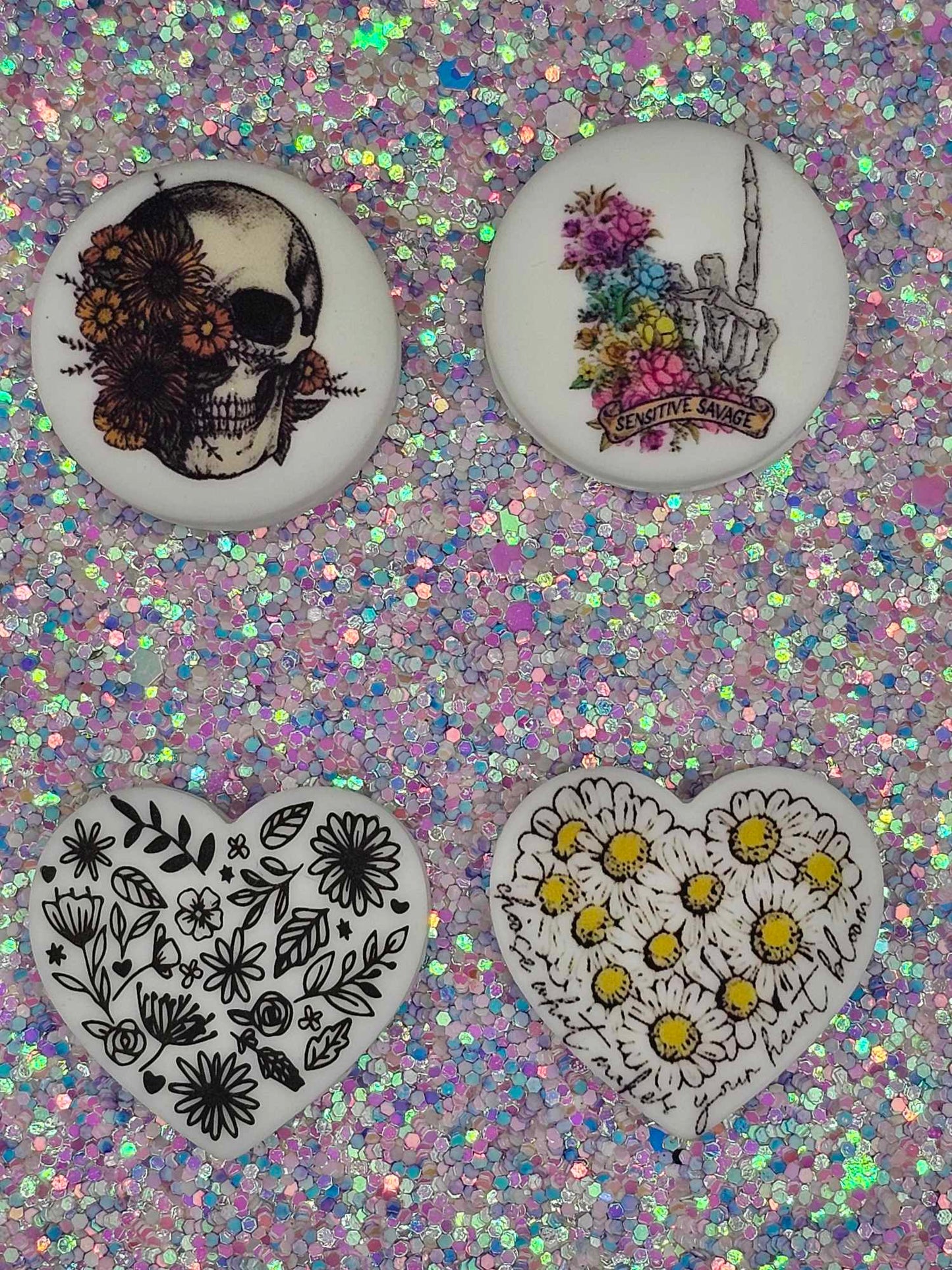 Focal Bead flower skeleton, skeleton hand, daisy heart, flower heart