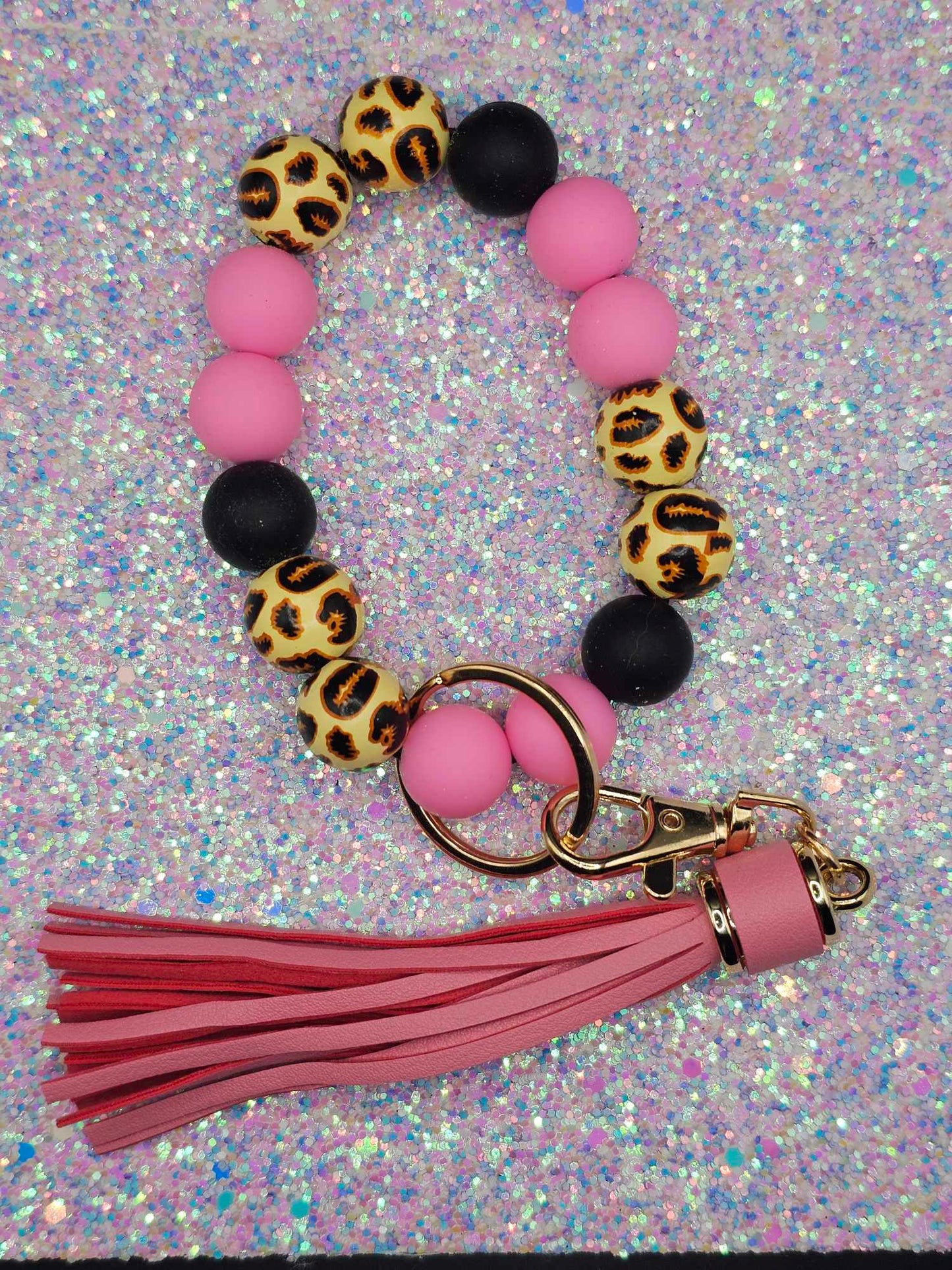 Pink leopard Wristlet with pink fringe