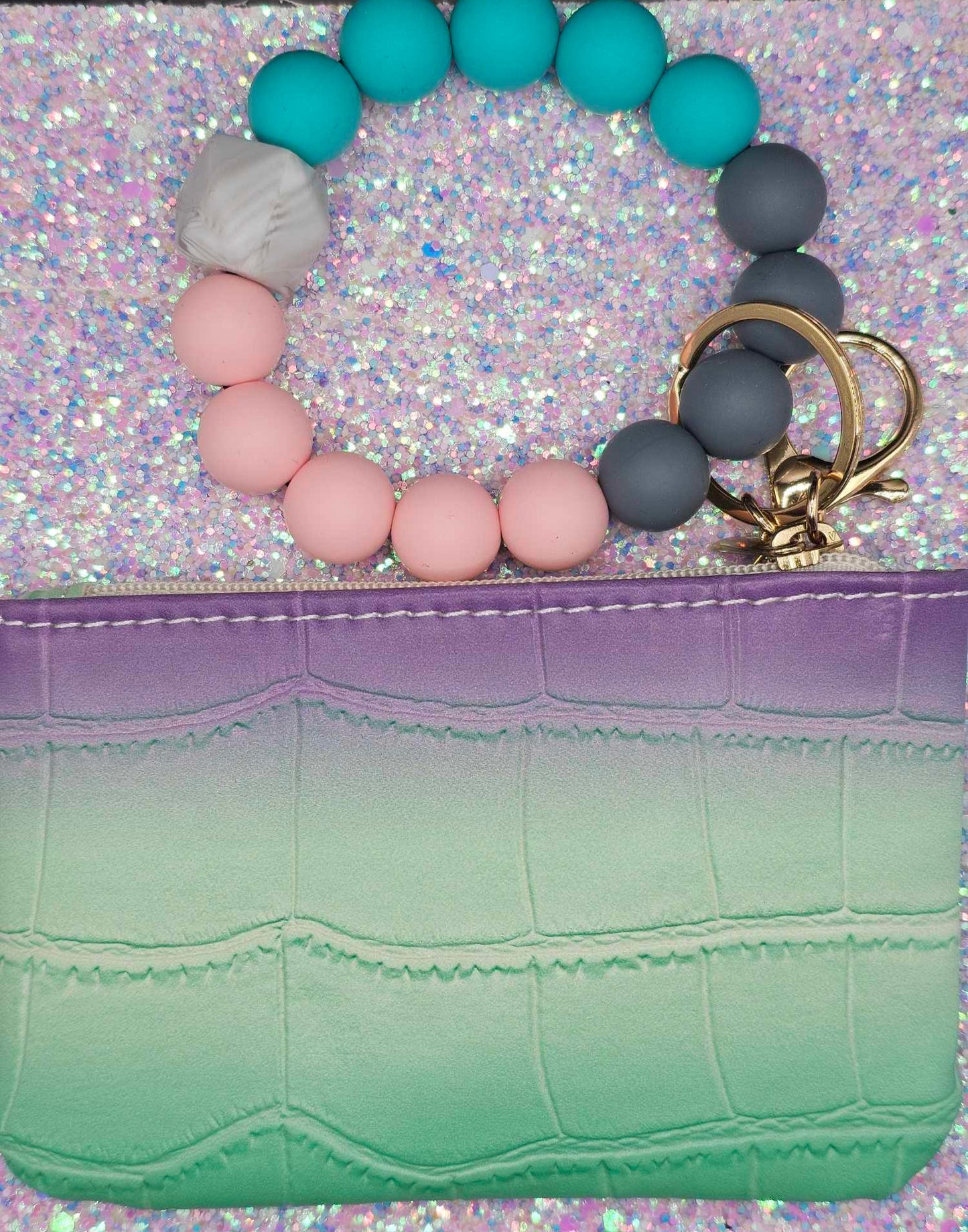 Purple and green ID holder Wristlet