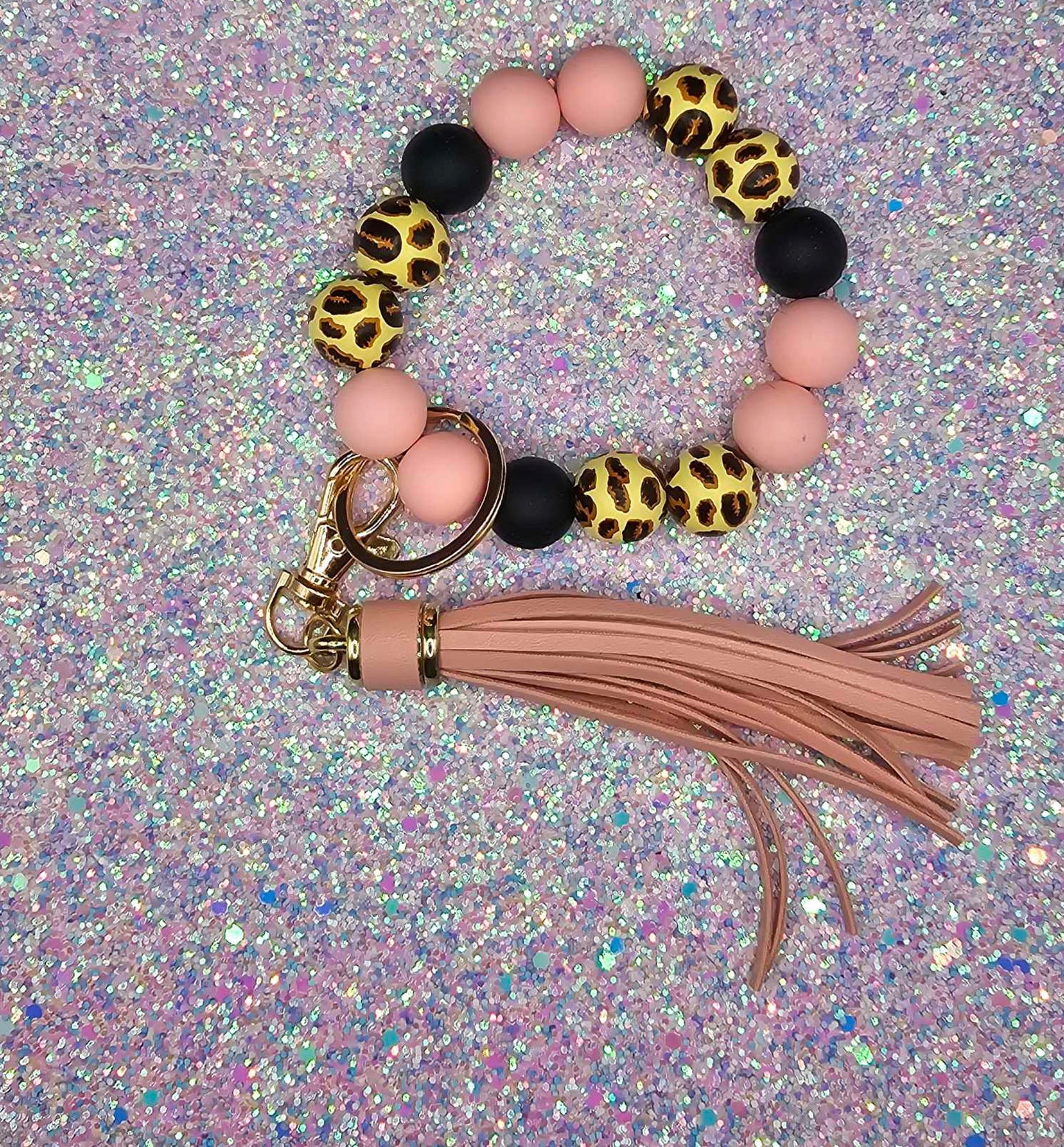 Light Pink Leopard with pink  Fringe Wristlet